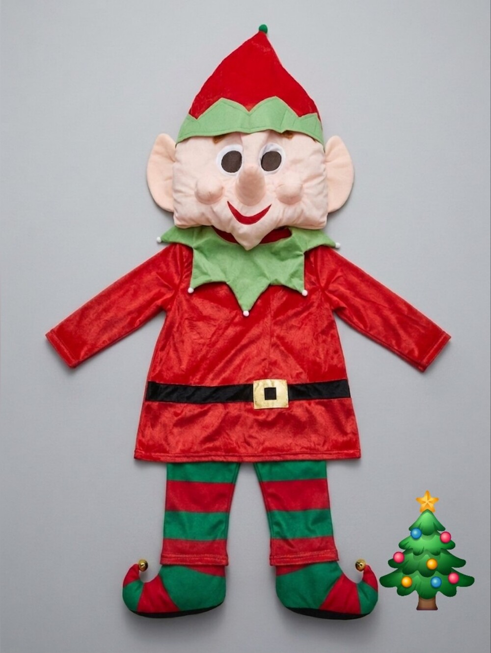 Adult UNISEX Red & Green Elf Costume with Plush Mask & Slipper Shoes